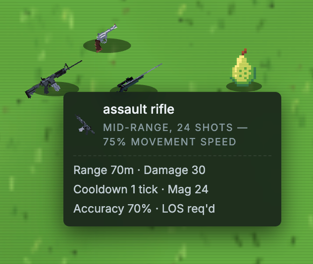 Weapons in the battle royale world, with an assault rifle tooltip showing range, damage, and accuracy stats